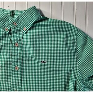 Vineyard Vines Green Gingham Whale Shirt Boys XL 18 Button Long Sleeve Cotton